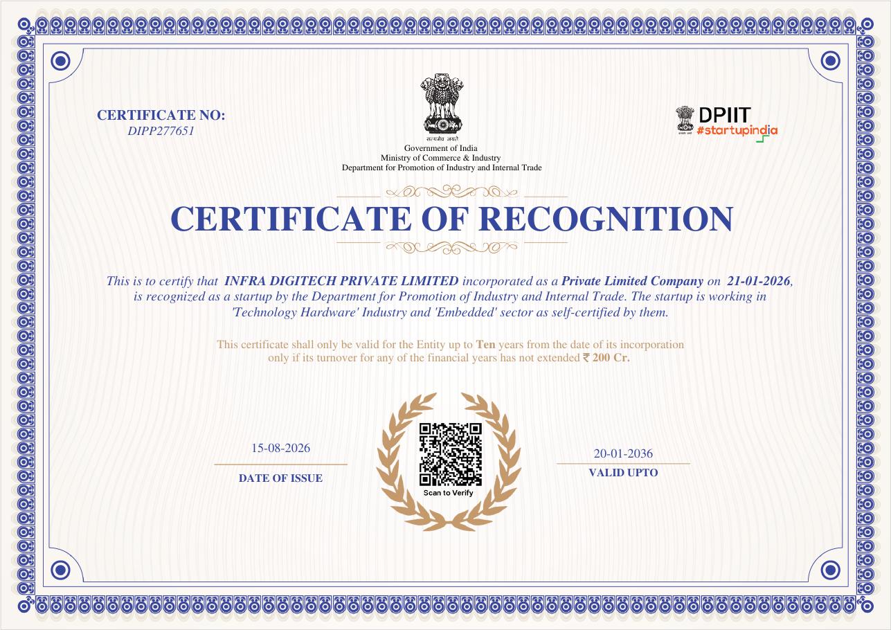 Infra DigiTech Receives DPIIT Startup Recognition from the Government of India