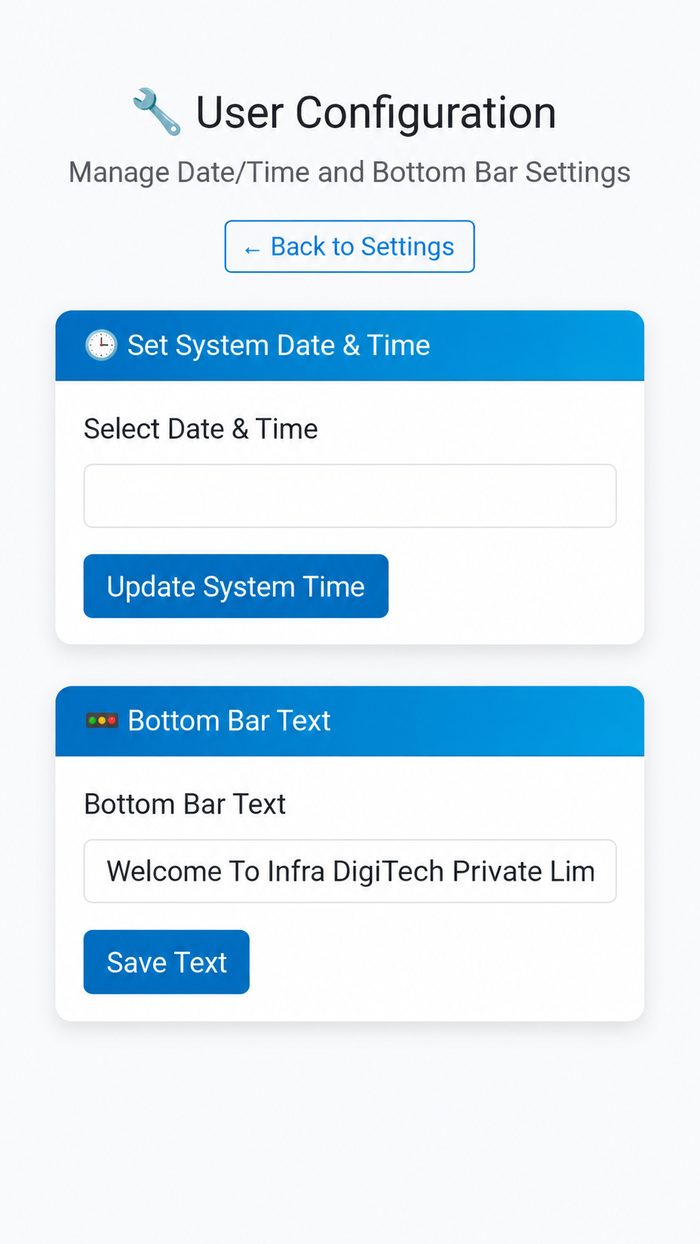 Settings app used to name queues, set ranges and edit the footer line
