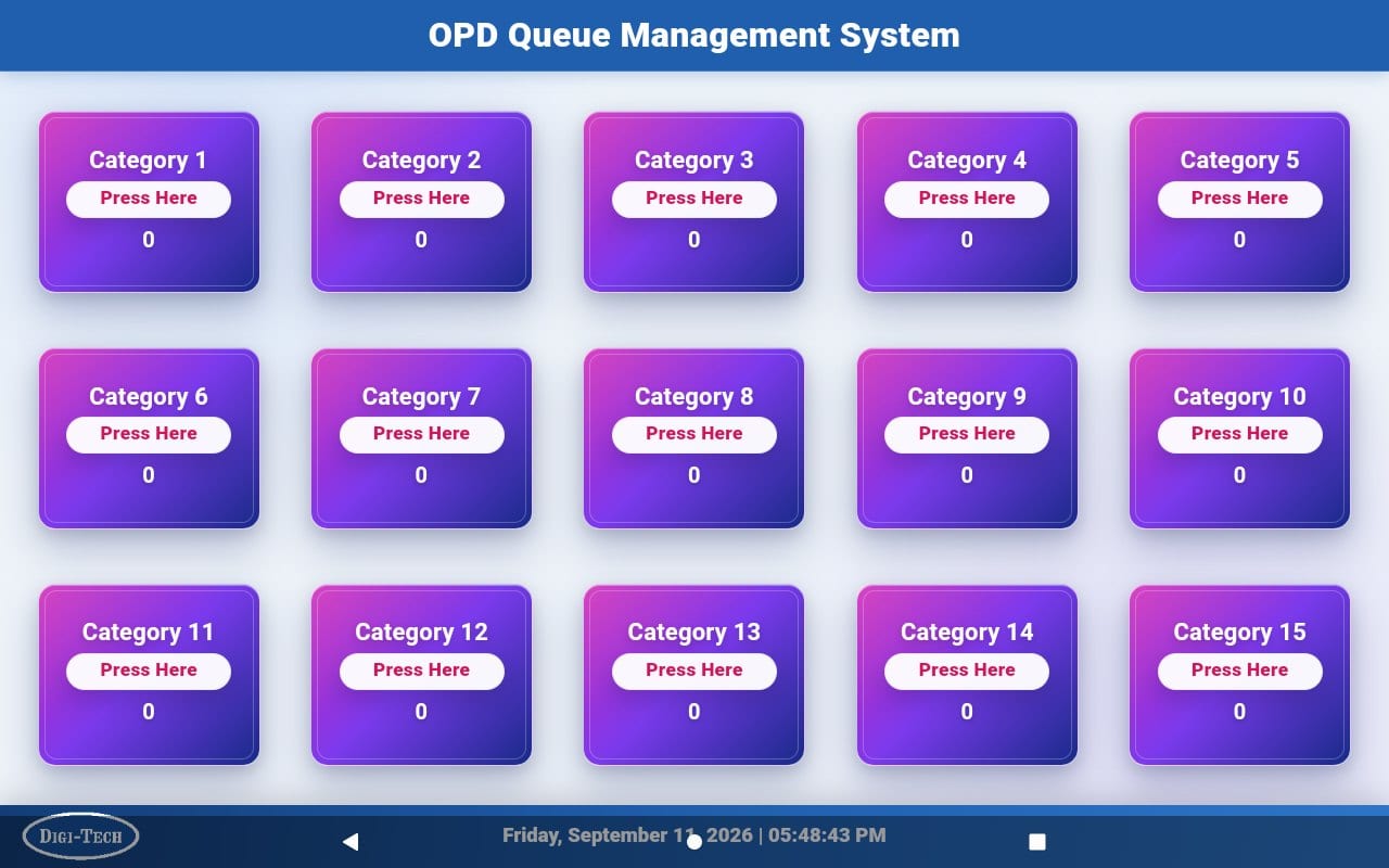 Tab kiosk showing one tile per department for the patient to press